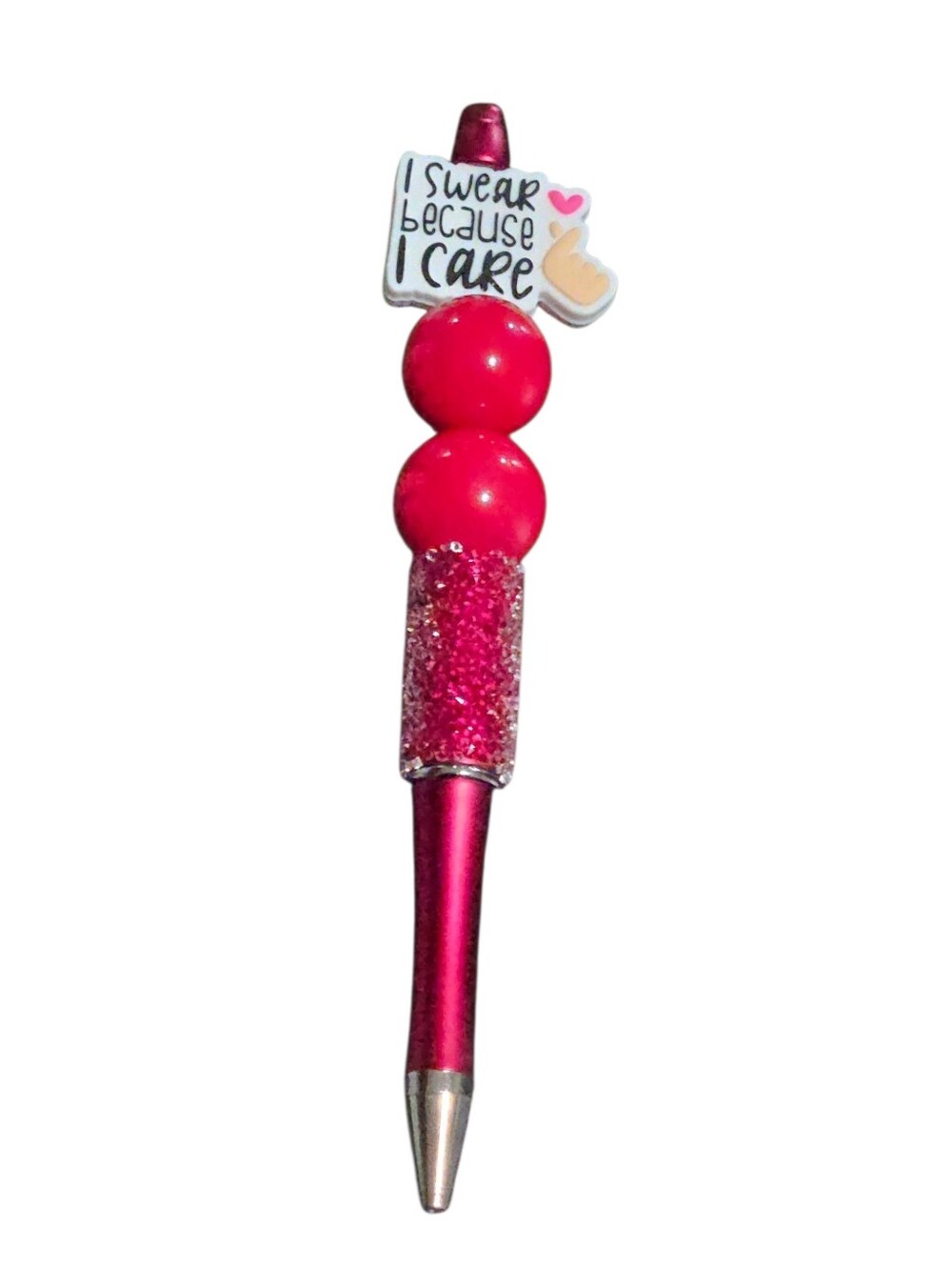 Custom Red Beaded Ball Point Pen with "I Swear Because I Care" Topper - NIP